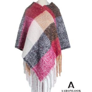 loop yarn big grid cape shawl with fringes