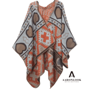 Jacquard heart pattern poncho with hat
